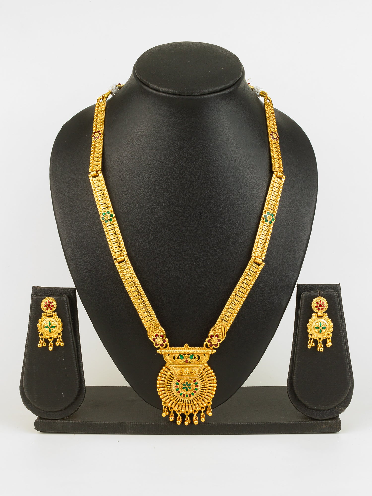 Aadita Gold Plated Traditional South Indian Long Necklace Set with Kemp Stones for Women