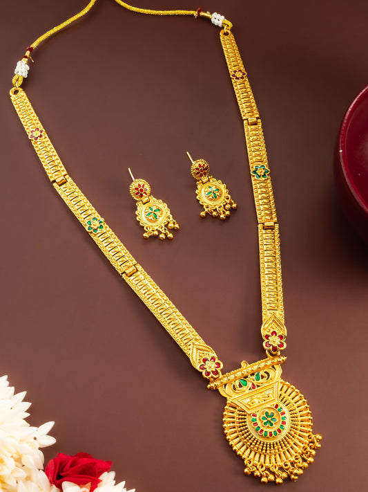 Aadita Gold Plated Traditional South Indian Long Necklace Set with Kemp Stones for Women