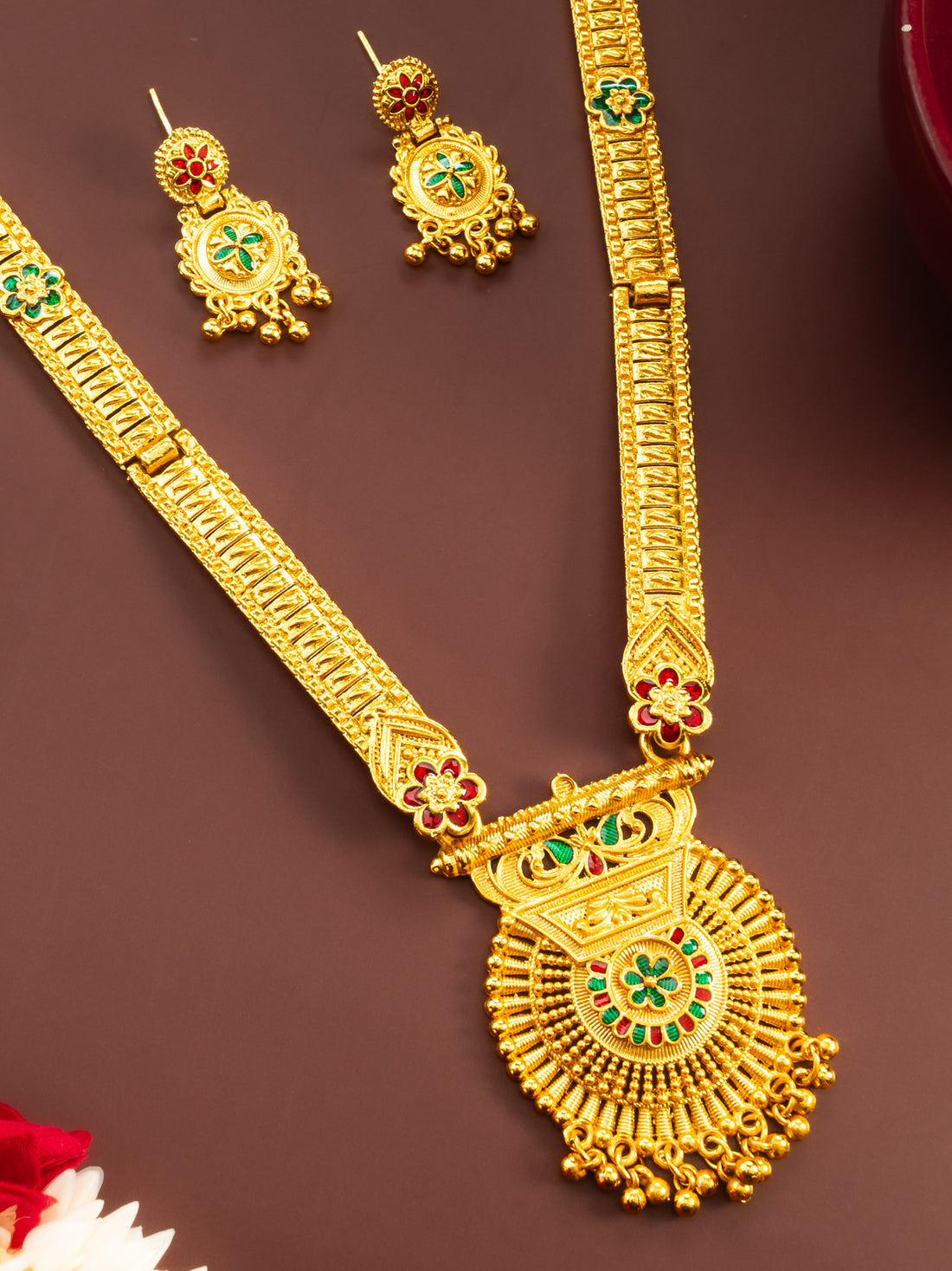 Gold Plated Traditional South Indian Long Necklace with Kemp Stones