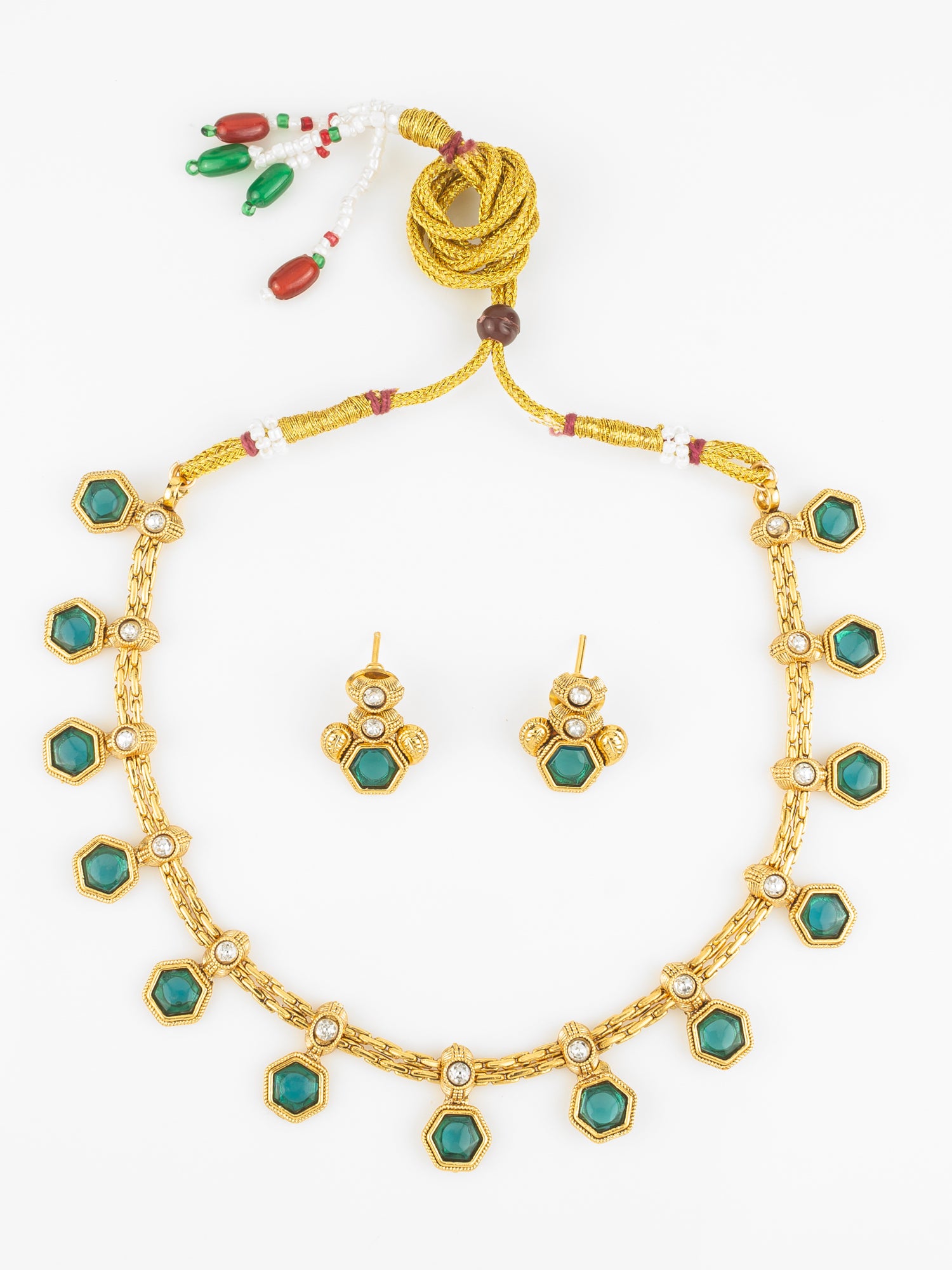 Aadita Gold Plated Green Hexagonal Stone Traditional Necklace Set for Women