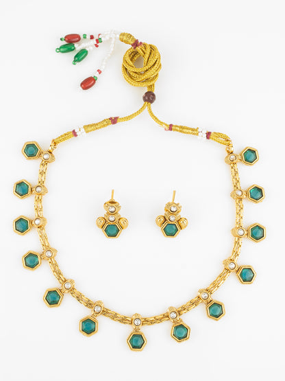 Aadita Gold Plated Green Hexagonal Stone Traditional Necklace Set for Women