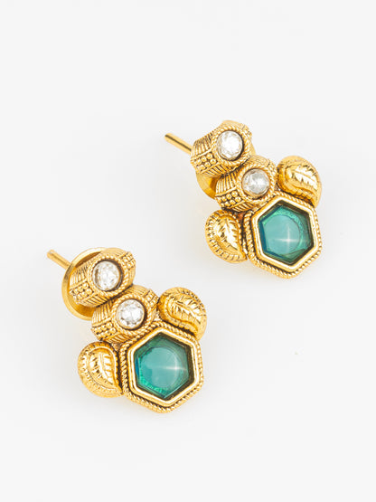 Aadita Gold Plated Green Hexagonal Stone Traditional Necklace Set for Women