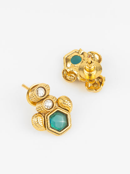 Aadita Gold Plated Green Hexagonal Stone Traditional Necklace Set for Women