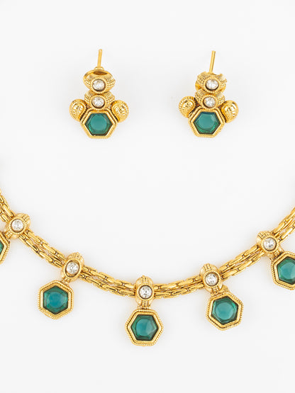 Aadita Gold Plated Green Hexagonal Stone Traditional Necklace Set for Women
