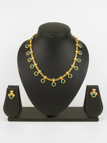 Aadita Gold Plated Green Hexagonal Stone Traditional Necklace Set for Women