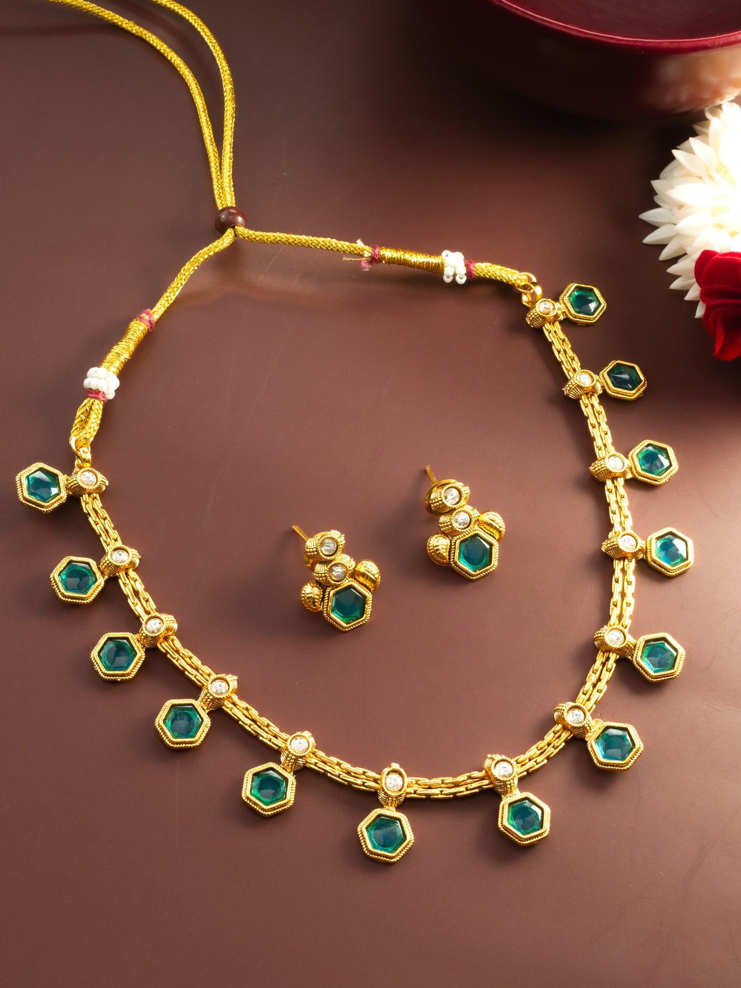 Aadita Gold Plated Green Hexagonal Stone Traditional Necklace Set for Women