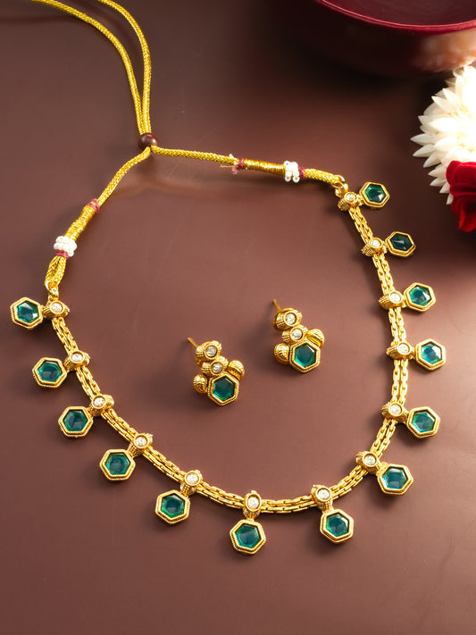 Aadita Gold Plated Green Hexagonal Stone Traditional Necklace Set for Women