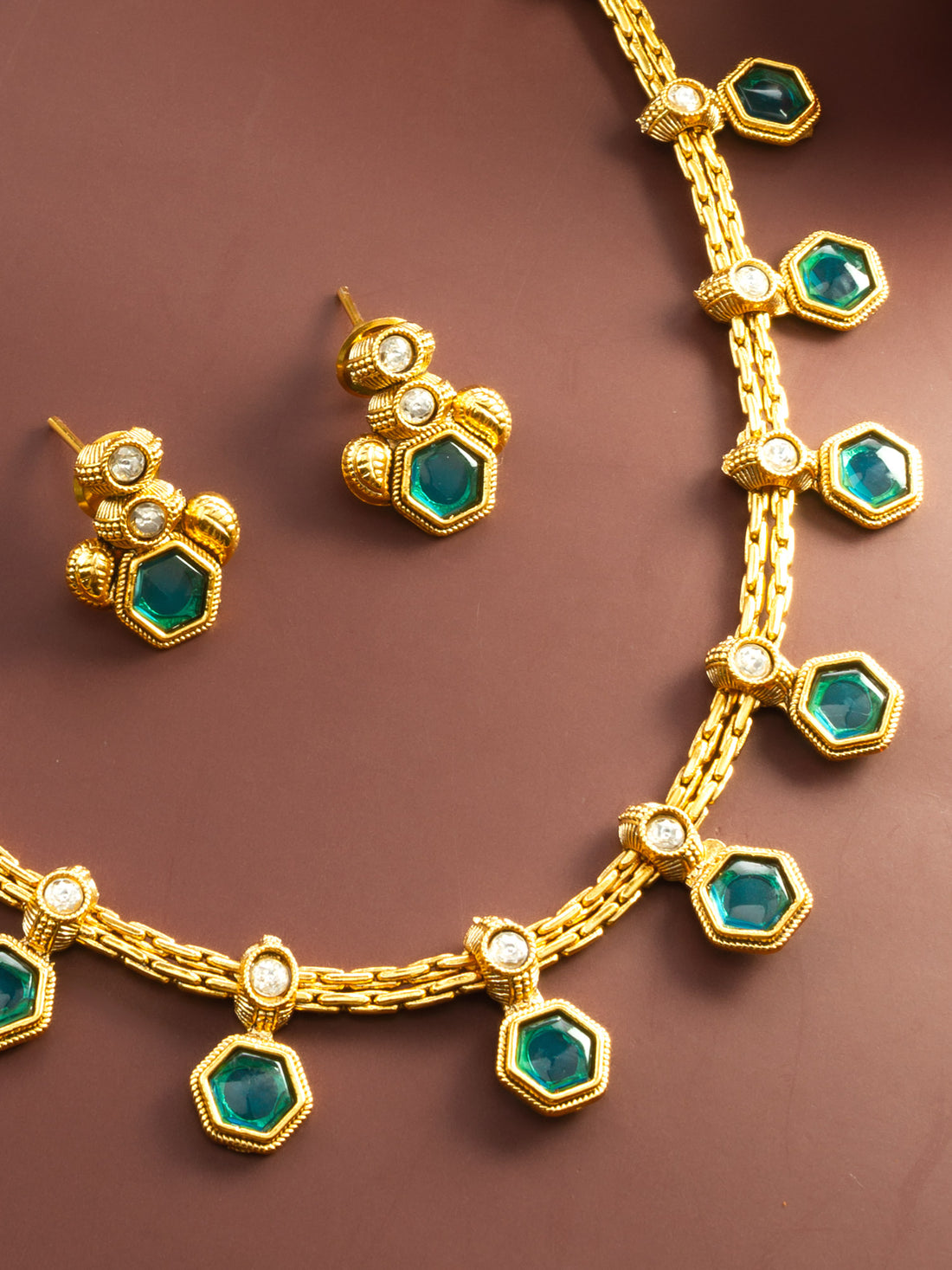 Gold Plated Green Hexagonal Stone Traditional Necklace Set for Women