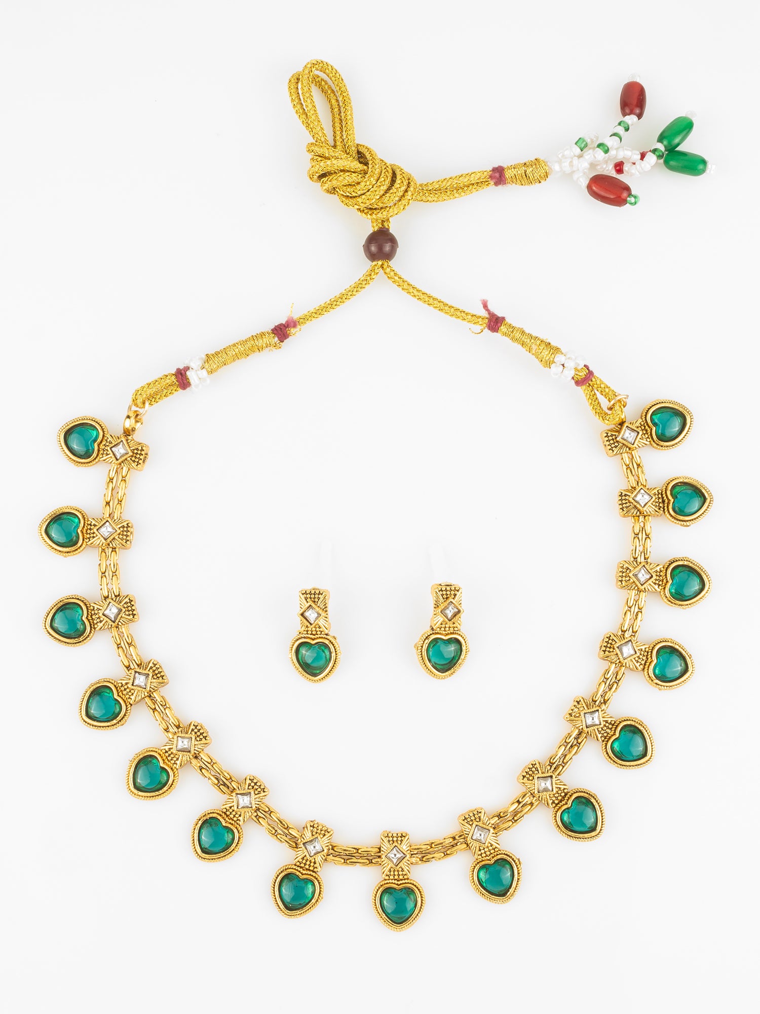 Aadita Gold Plated Green Heart Drop Designer Necklace Set for Women