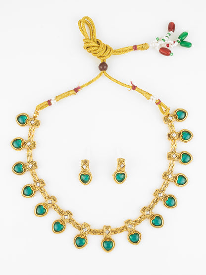 Aadita Gold Plated Green Heart Drop Designer Necklace Set for Women