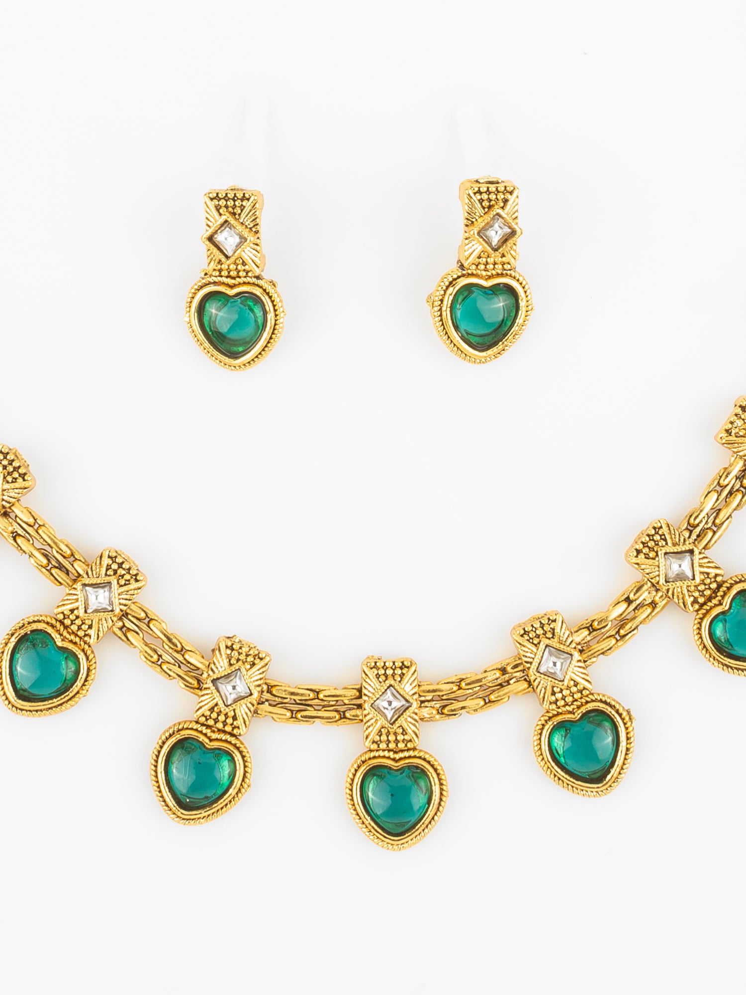 Aadita Gold Plated Green Heart Drop Designer Necklace Set for Women