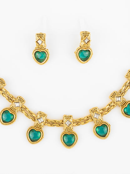 Aadita Gold Plated Green Heart Drop Designer Necklace Set for Women