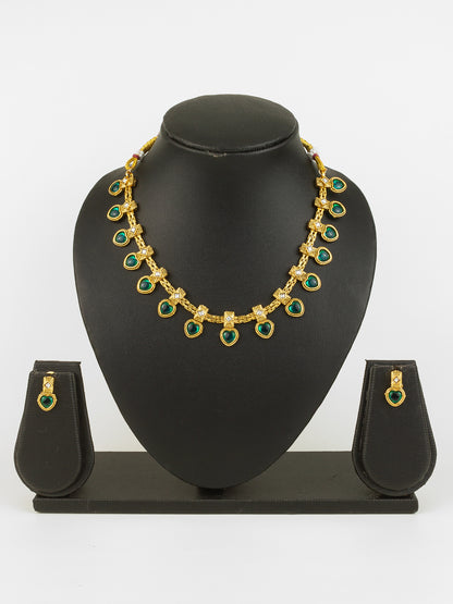 Aadita Gold Plated Green Heart Drop Designer Necklace Set for Women