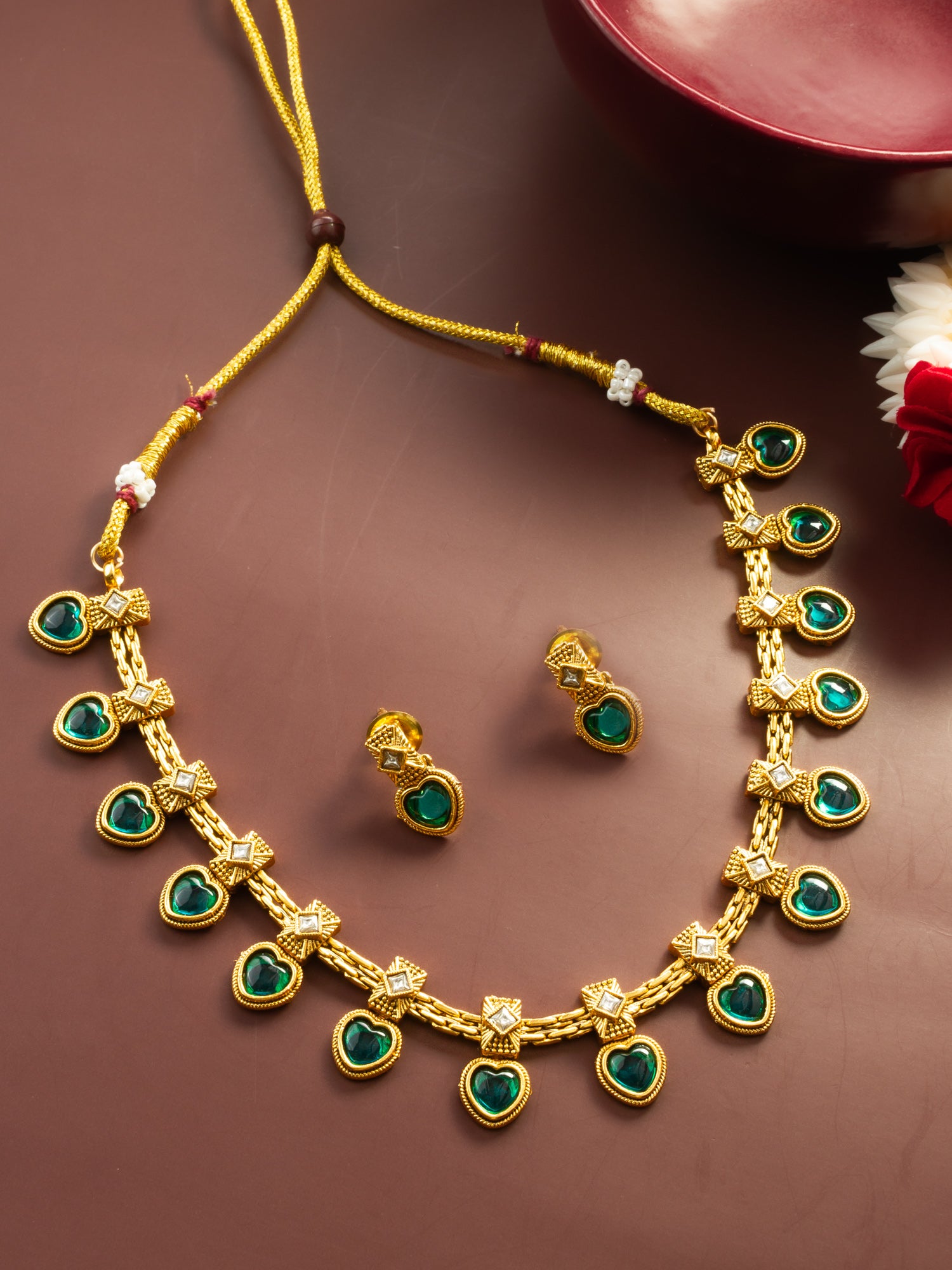 Aadita Gold Plated Green Heart Drop Designer Necklace Set for Women