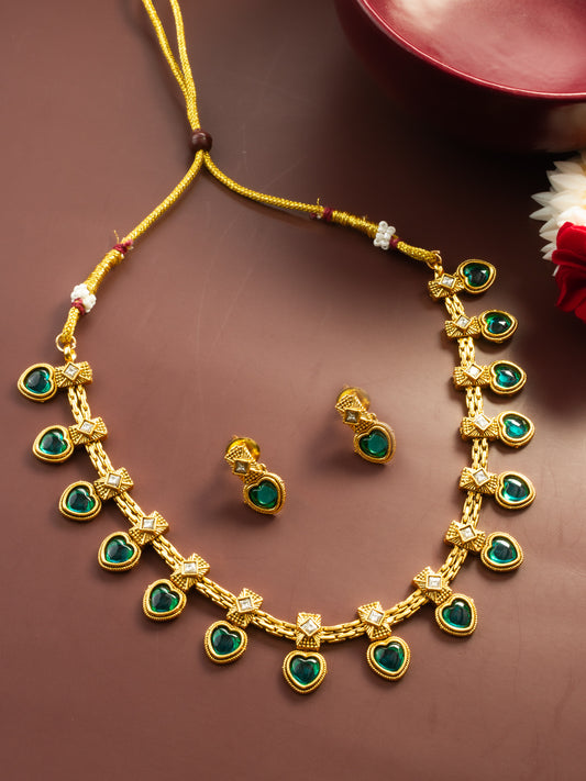 Aadita Gold Plated Green Heart Drop Designer Necklace Set for Women