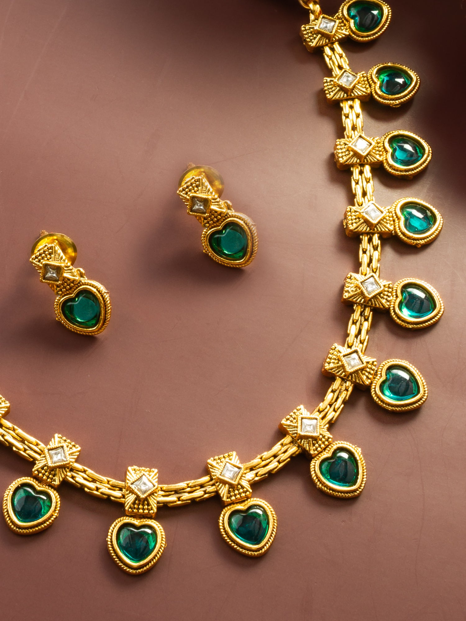 Aadita Gold Plated Green Heart Drop Designer Necklace Set for Women