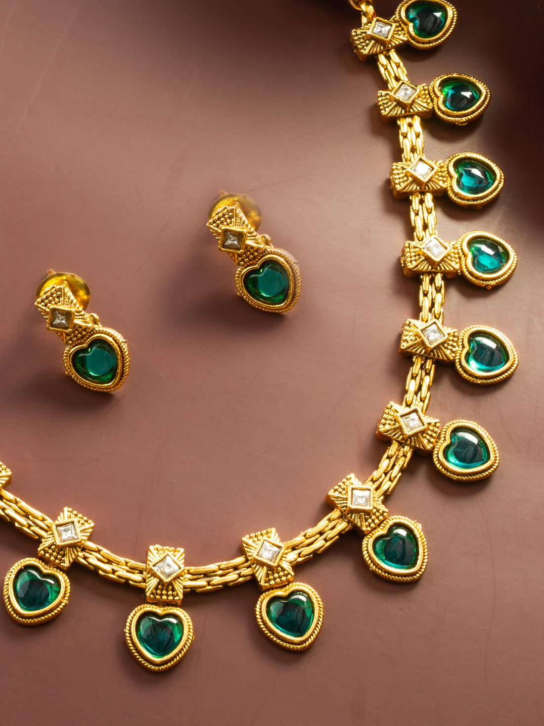 Gold Plated Green Heart Drop Necklace Set for Women