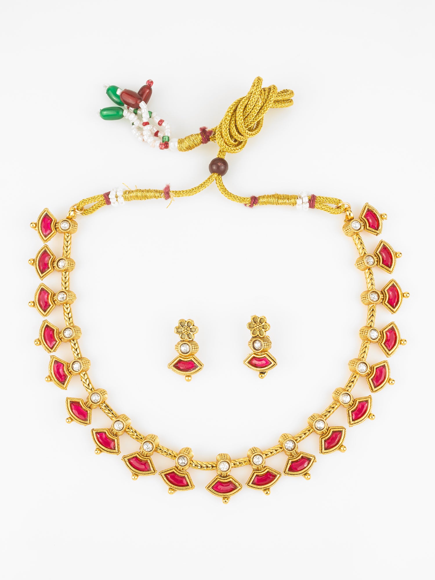 Aadita Gold Plated Red Kundan Floral Traditional Necklace Set for Women
