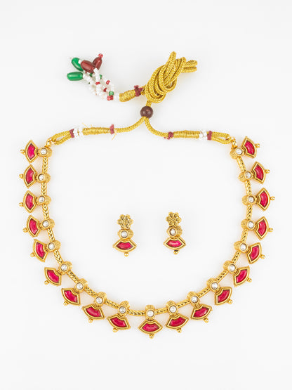 Aadita Gold Plated Red Kundan Floral Traditional Necklace Set for Women