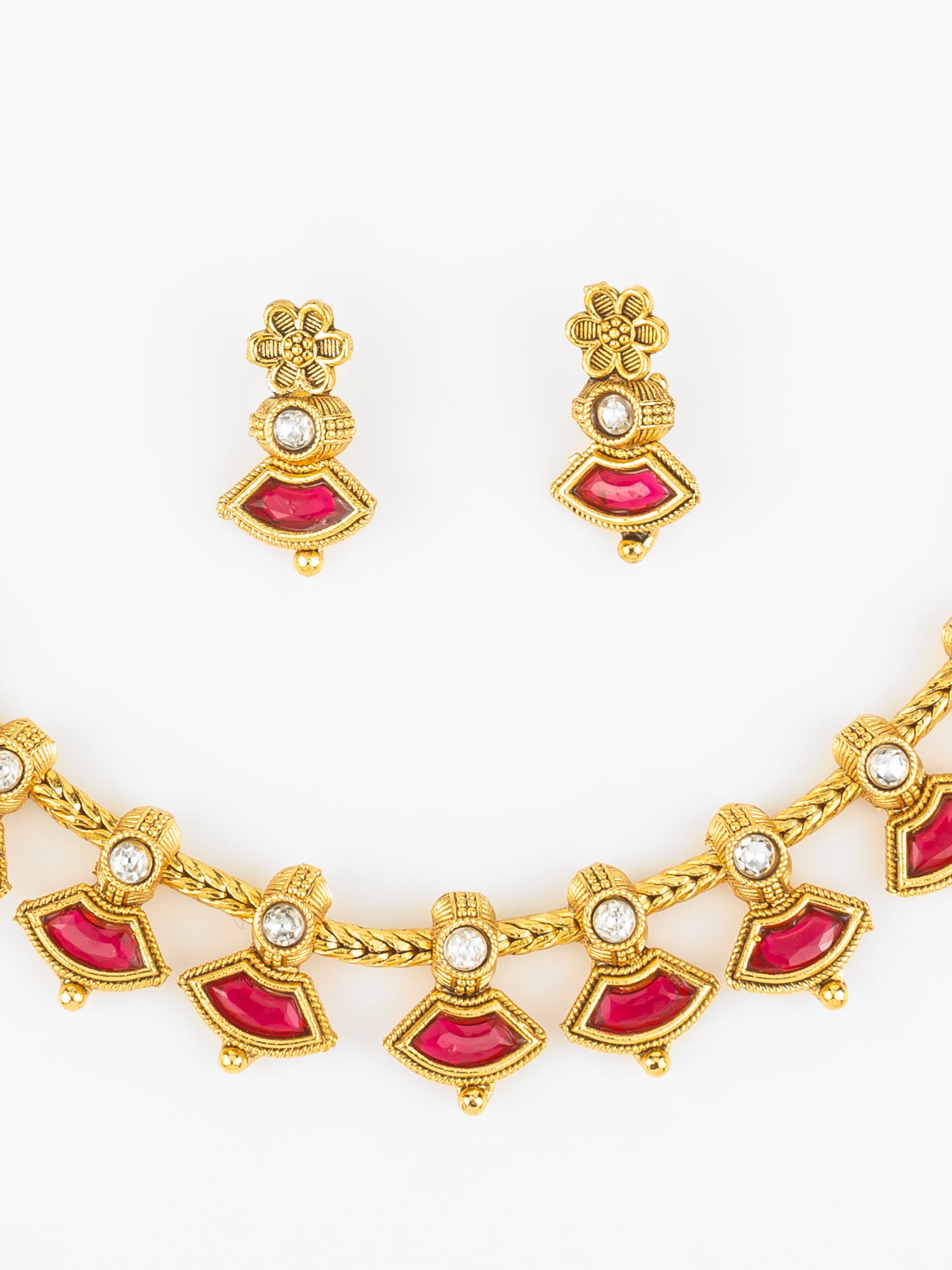 Aadita Gold Plated Red Kundan Floral Traditional Necklace Set for Women