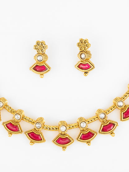 Aadita Gold Plated Red Kundan Floral Traditional Necklace Set for Women