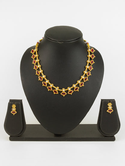 Aadita Gold Plated Red Kundan Floral Traditional Necklace Set for Women