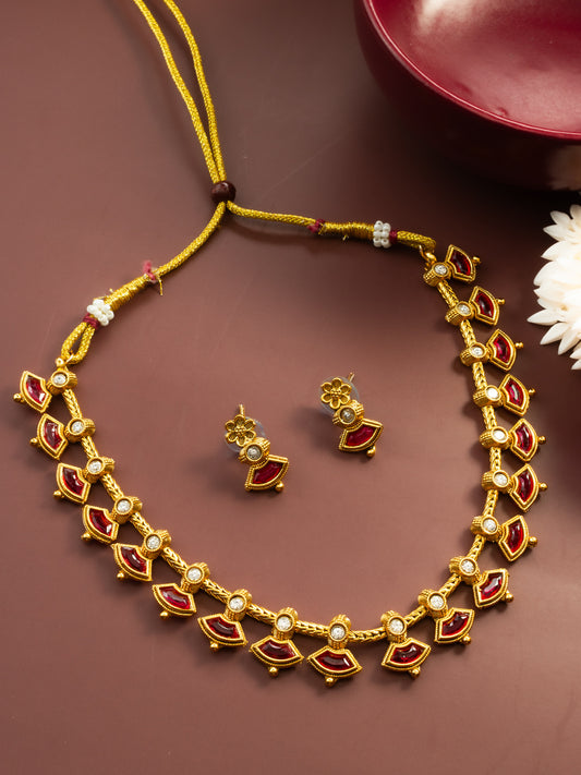 Aadita Gold Plated Red Kundan Floral Traditional Necklace Set for Women