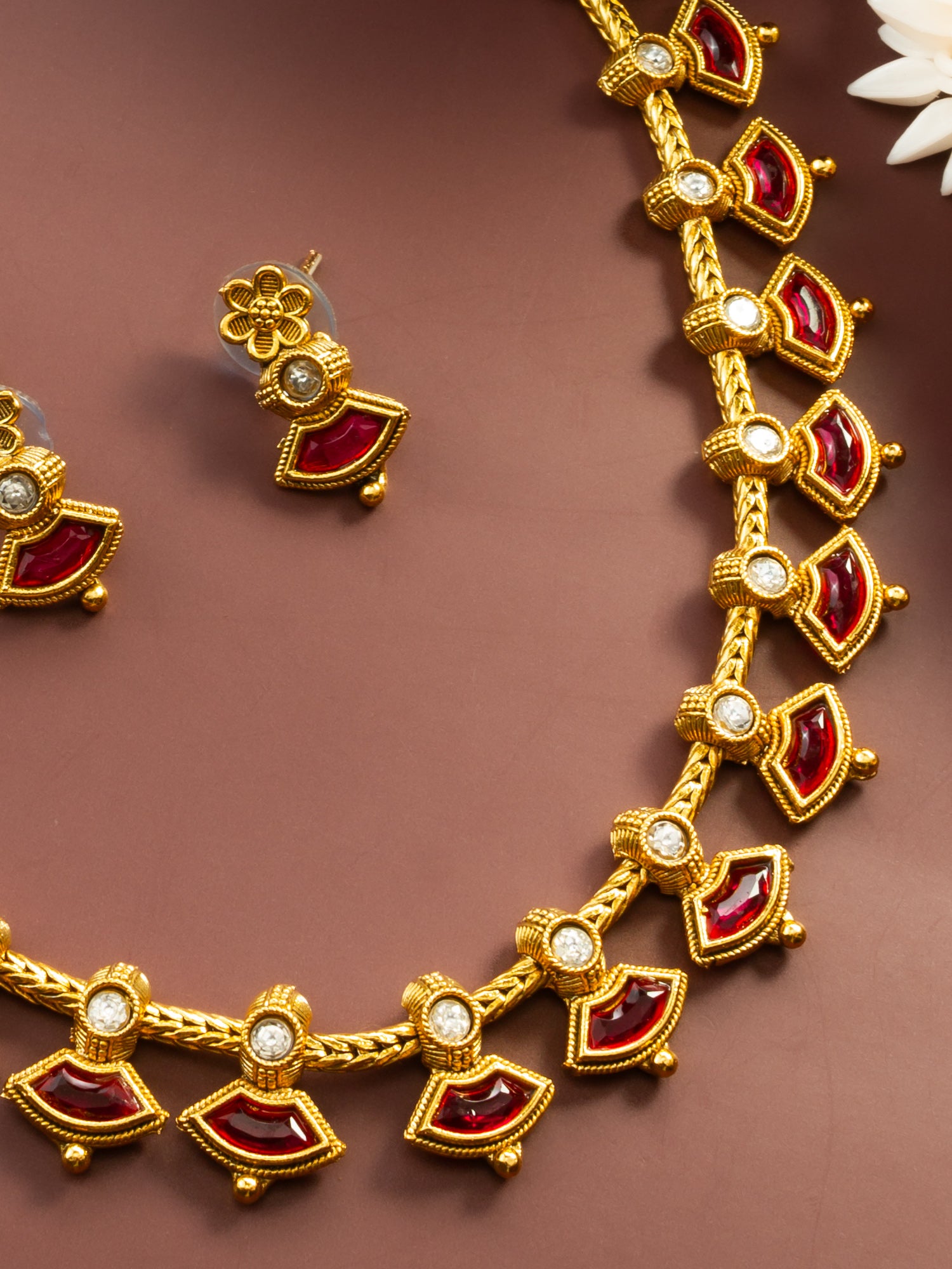 Aadita Gold Plated Red Kundan Floral Traditional Necklace Set for Women