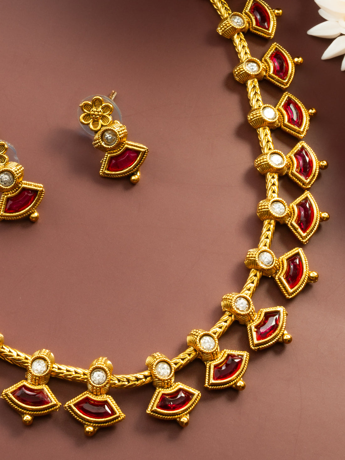 Gold Plated Red Kundan Floral Traditional Necklace Set for Women