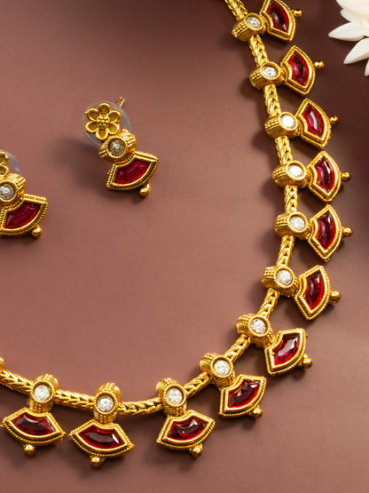 Aadita Gold Plated Red Kundan Floral Traditional Necklace Set for Women
