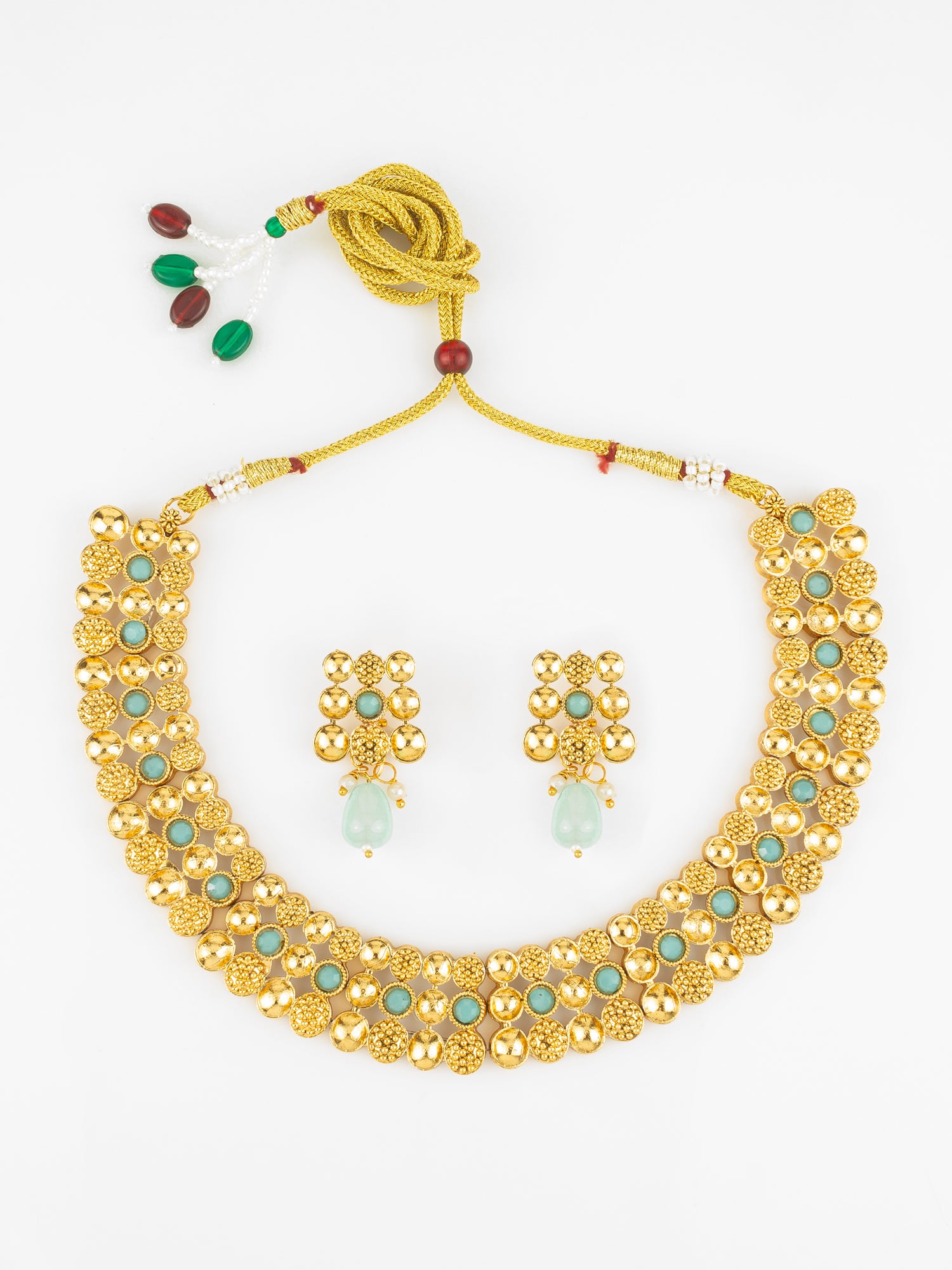 Aadita Gold Plated Mint Green Beaded Statement Necklace Set for Women