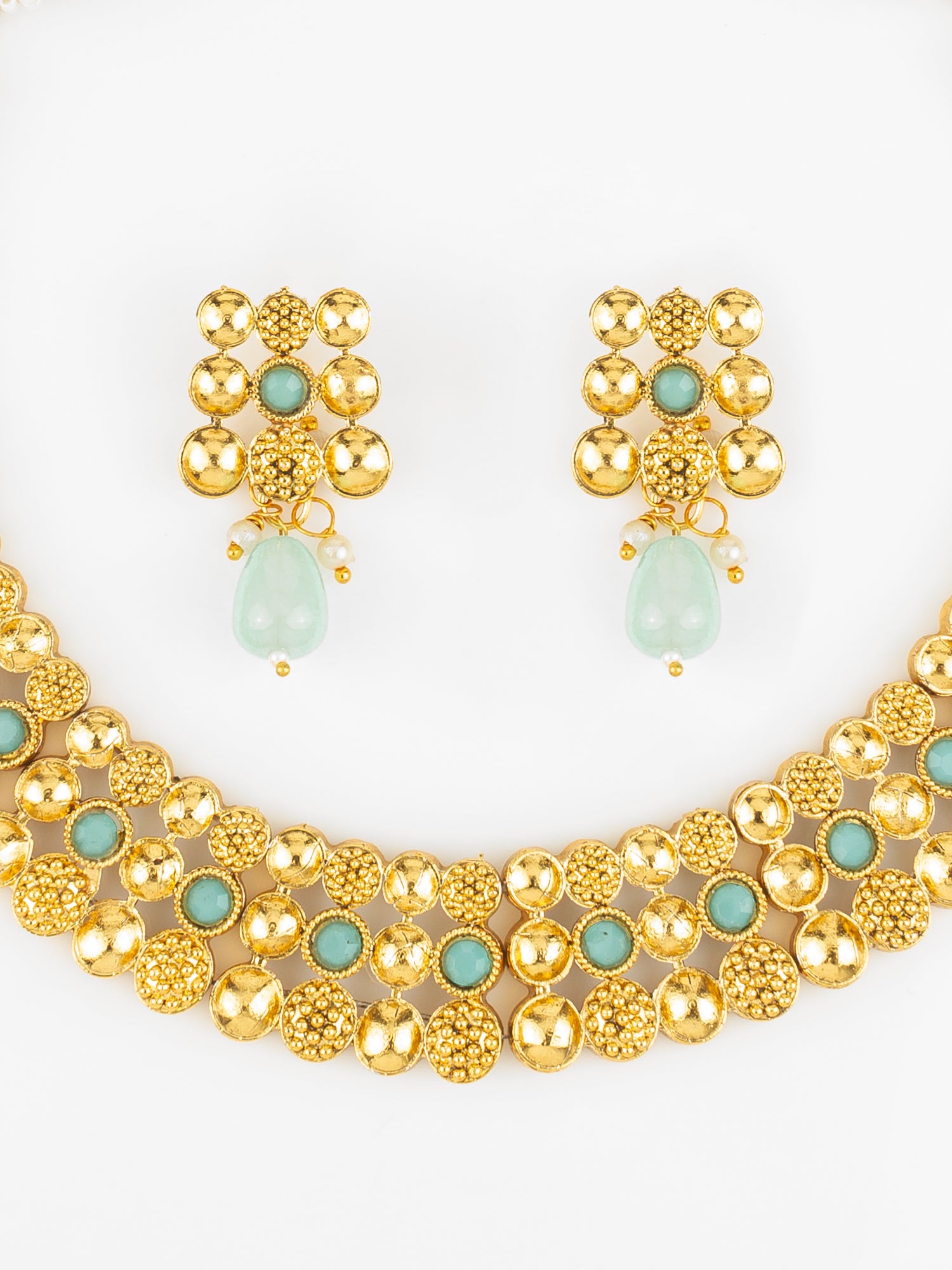 Aadita Gold Plated Mint Green Beaded Statement Necklace Set for Women