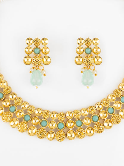 Aadita Gold Plated Mint Green Beaded Statement Necklace Set for Women