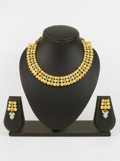 Aadita Gold Plated Mint Green Beaded Statement Necklace Set for Women