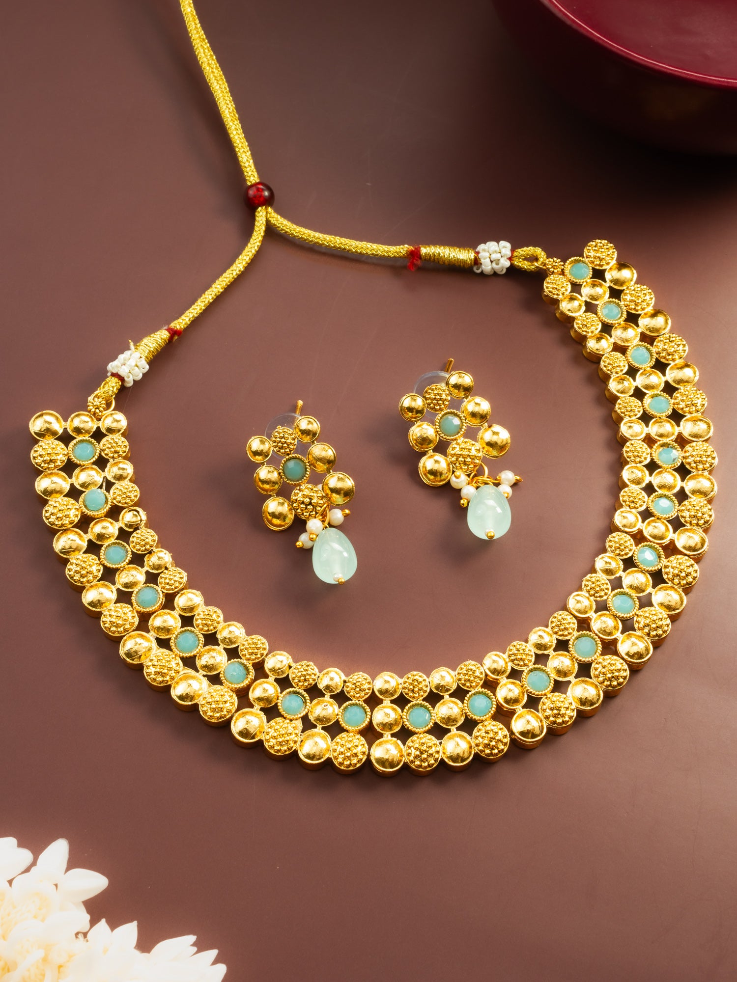Aadita Gold Plated Mint Green Beaded Statement Necklace Set for Women