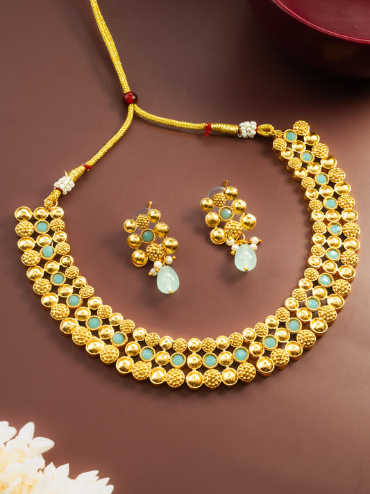 Aadita Gold Plated Mint Green Beaded Statement Necklace Set for Women