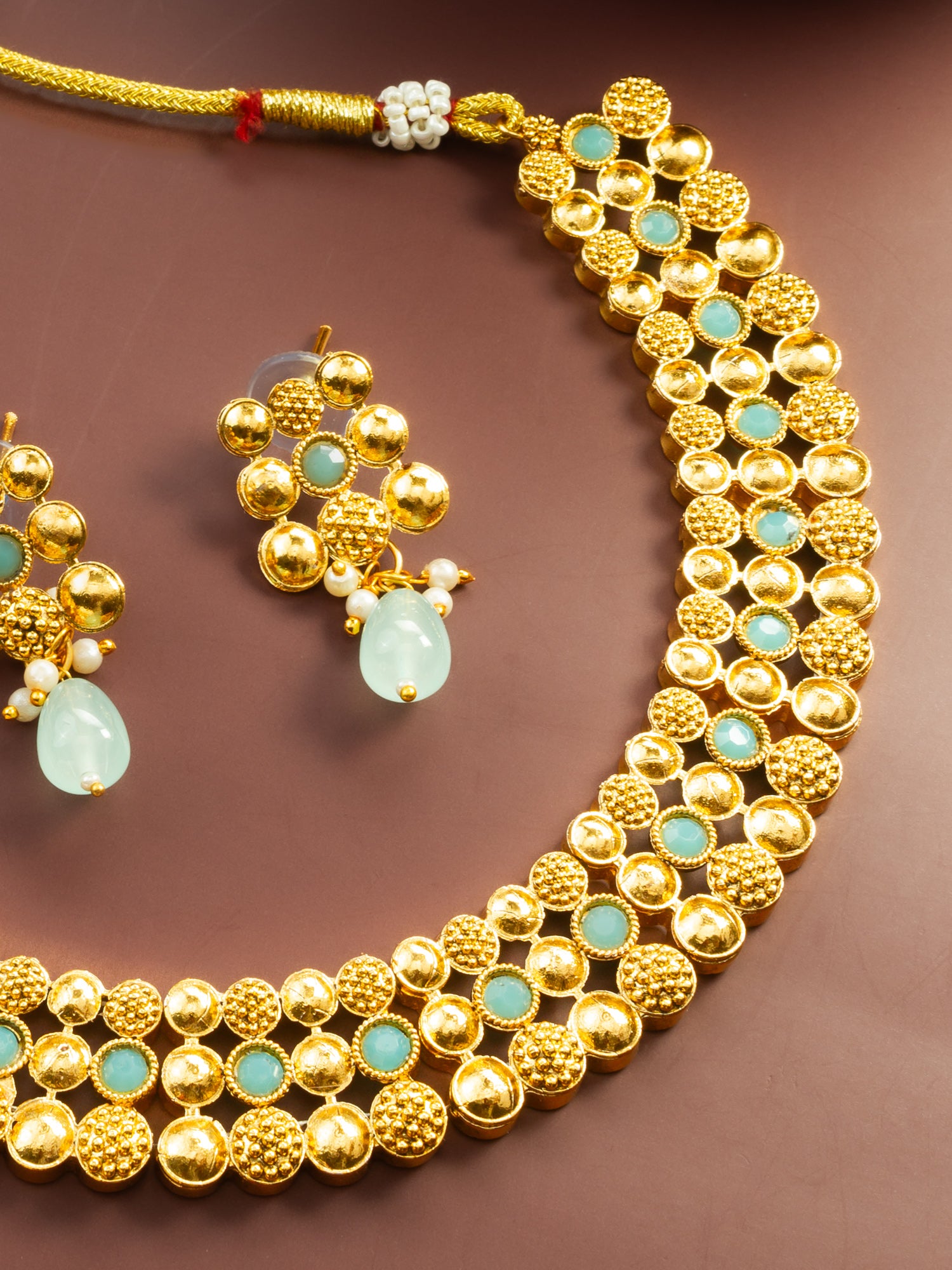 Aadita Gold Plated Mint Green Beaded Statement Necklace Set for Women