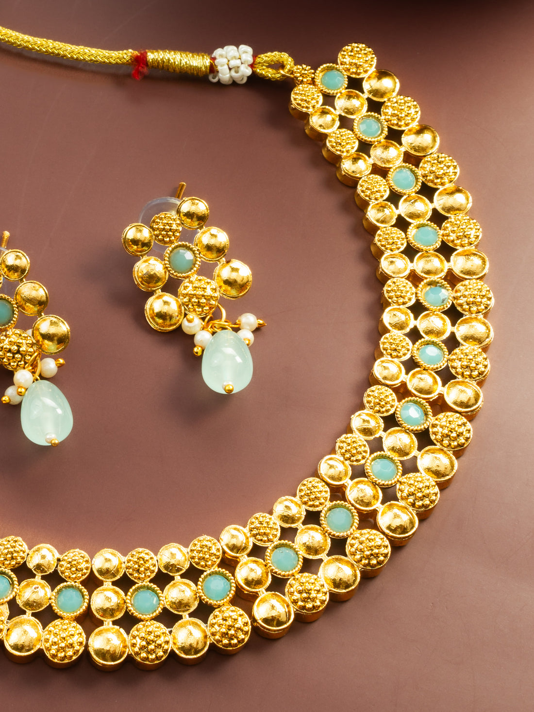 Gold Plated Mint Green Beaded Statement Necklace Set for Women