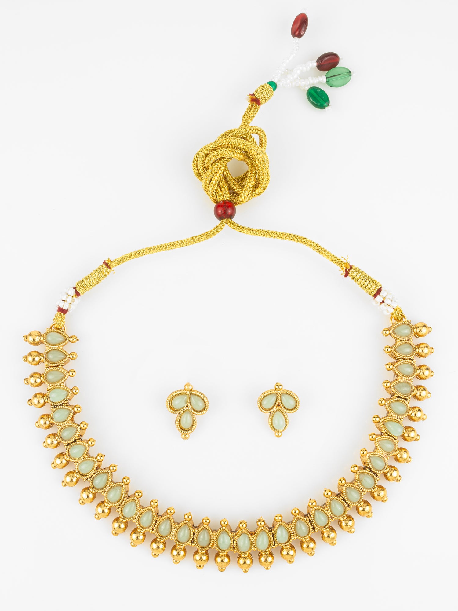 Aadita Gold Plated Mint Teardrop Beads Traditional Necklace Set for Women