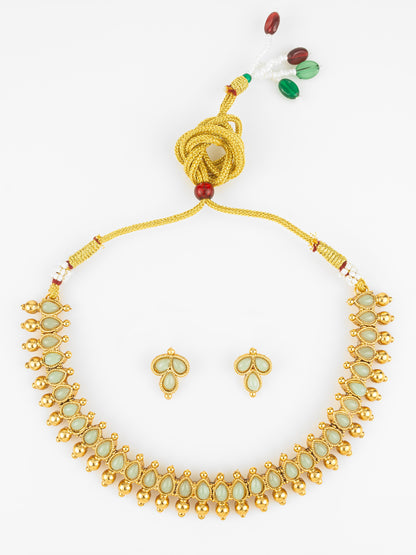 Aadita Gold Plated Mint Teardrop Beads Traditional Necklace Set for Women