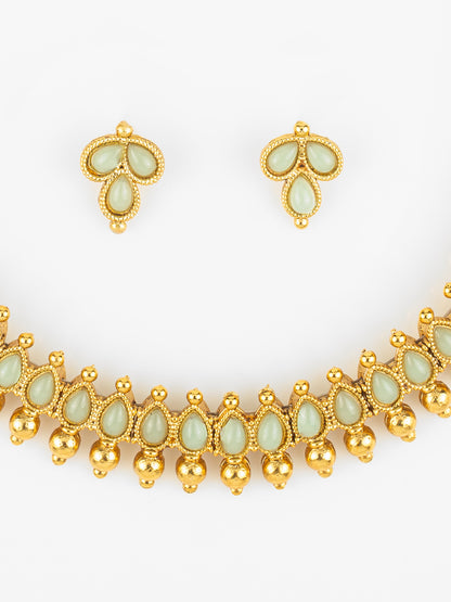 Aadita Gold Plated Mint Teardrop Beads Traditional Necklace Set for Women