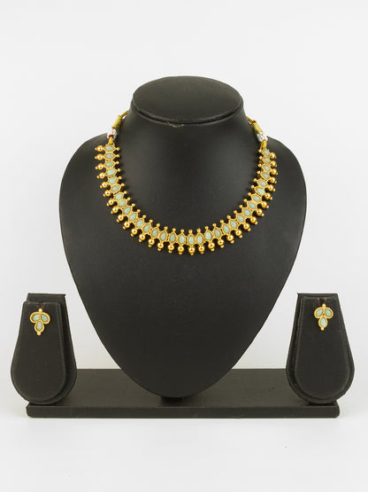 Aadita Gold Plated Mint Teardrop Beads Traditional Necklace Set for Women