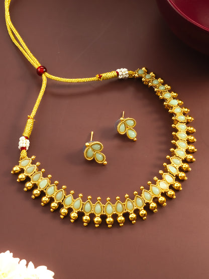 Aadita Gold Plated Mint Teardrop Beads Traditional Necklace Set for Women
