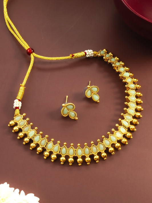 Aadita Gold Plated Mint Teardrop Beads Traditional Necklace Set for Women
