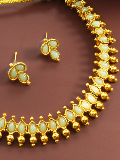 Aadita Gold Plated Mint Teardrop Beads Traditional Necklace Set for Women