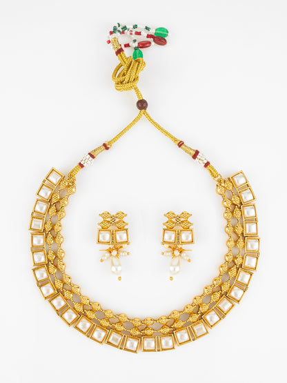 Aadita Gold Plated Pearl Kundan Geometric Traditional Necklace Set for Women