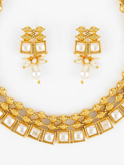 Aadita Gold Plated Pearl Kundan Geometric Traditional Necklace Set for Women