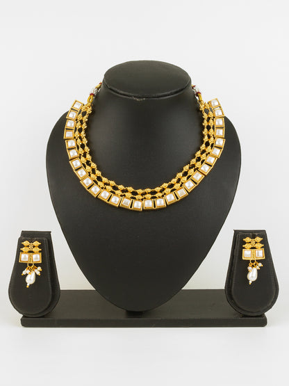 Aadita Gold Plated Pearl Kundan Geometric Traditional Necklace Set for Women