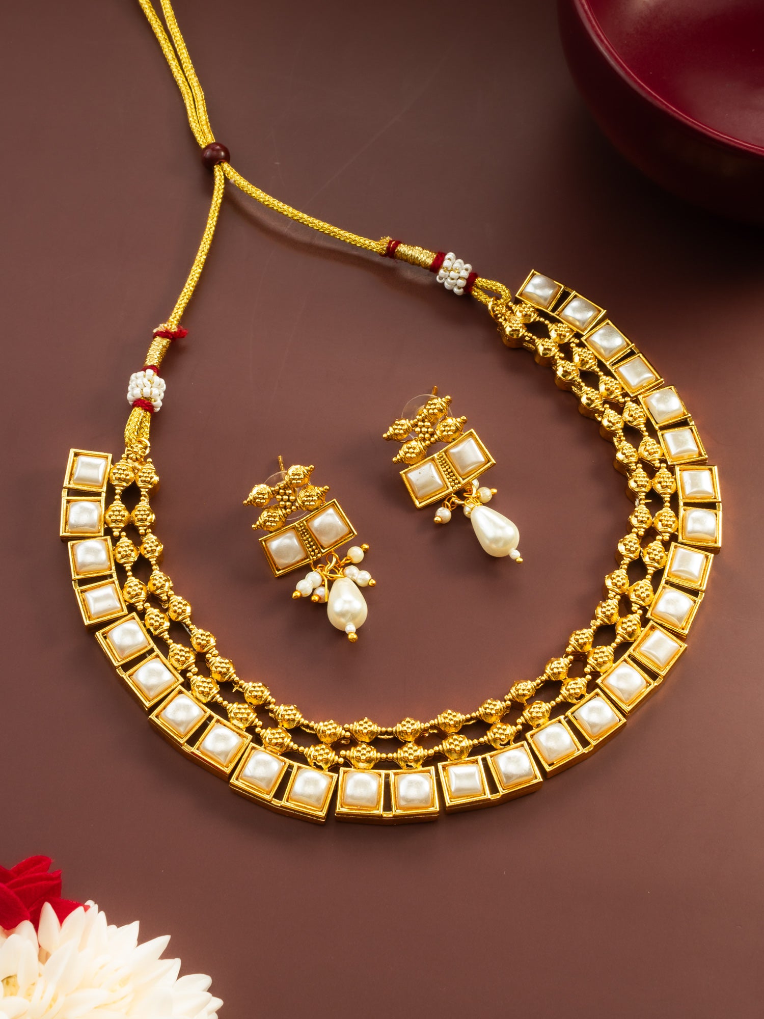 Aadita Gold Plated Pearl Kundan Geometric Traditional Necklace Set for Women