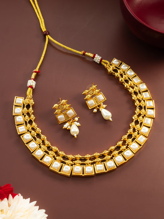 Aadita Gold Plated Pearl Kundan Geometric Traditional Necklace Set for Women